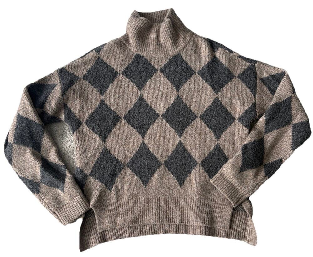 ABERCROMBIE & Fitch Oversize Brown Grey Turtleneck Argyle Sweater size X Small